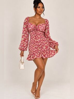 Burans Fashion Floral Smocked Ruched Sweetheart Long Sleeve Mini Dress